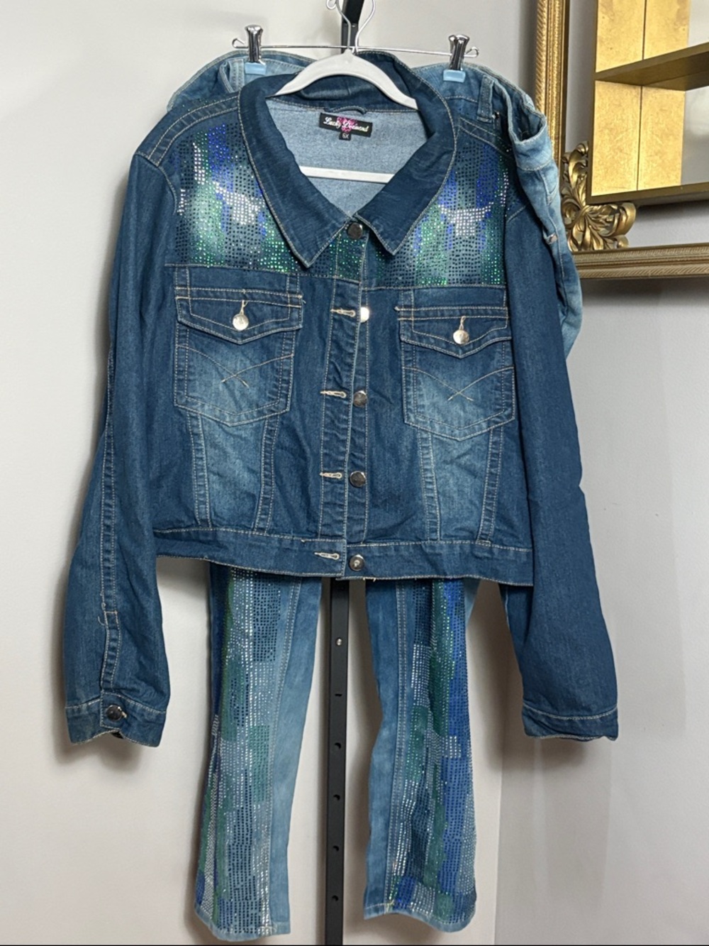 Lucky Diamond Size 6X Embellished Blue Denim Jacket Matching Jeans Gem Detail